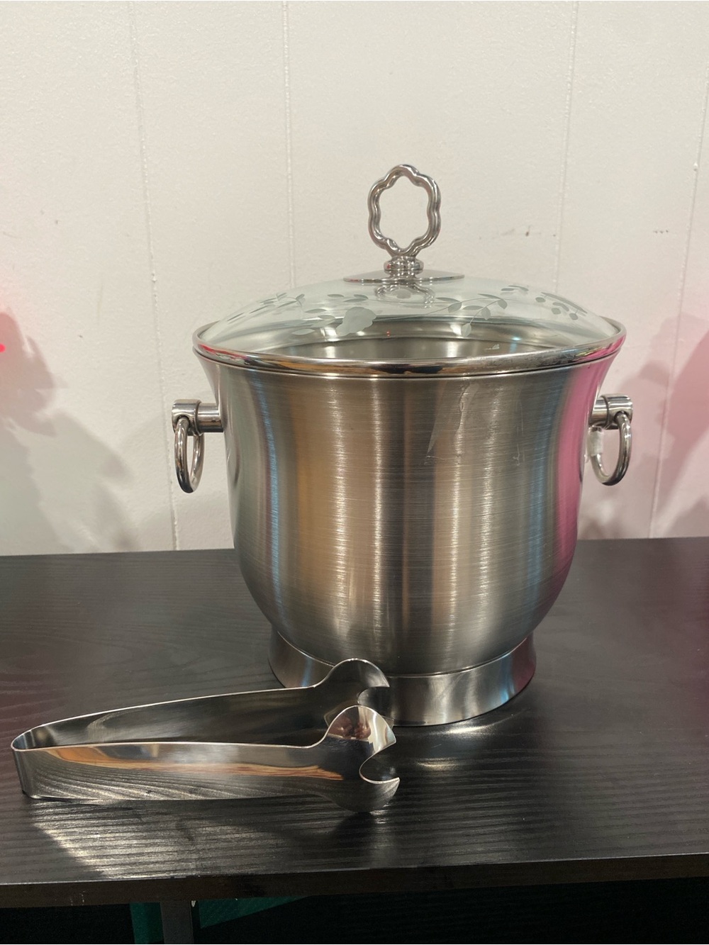 Princess House Stainless Steel Ice Bucket with Glass Lid and Tongs - Silver